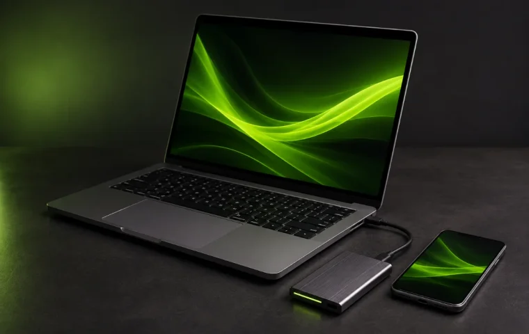 Computador portátil, disco externo e telemóvel numa secretária